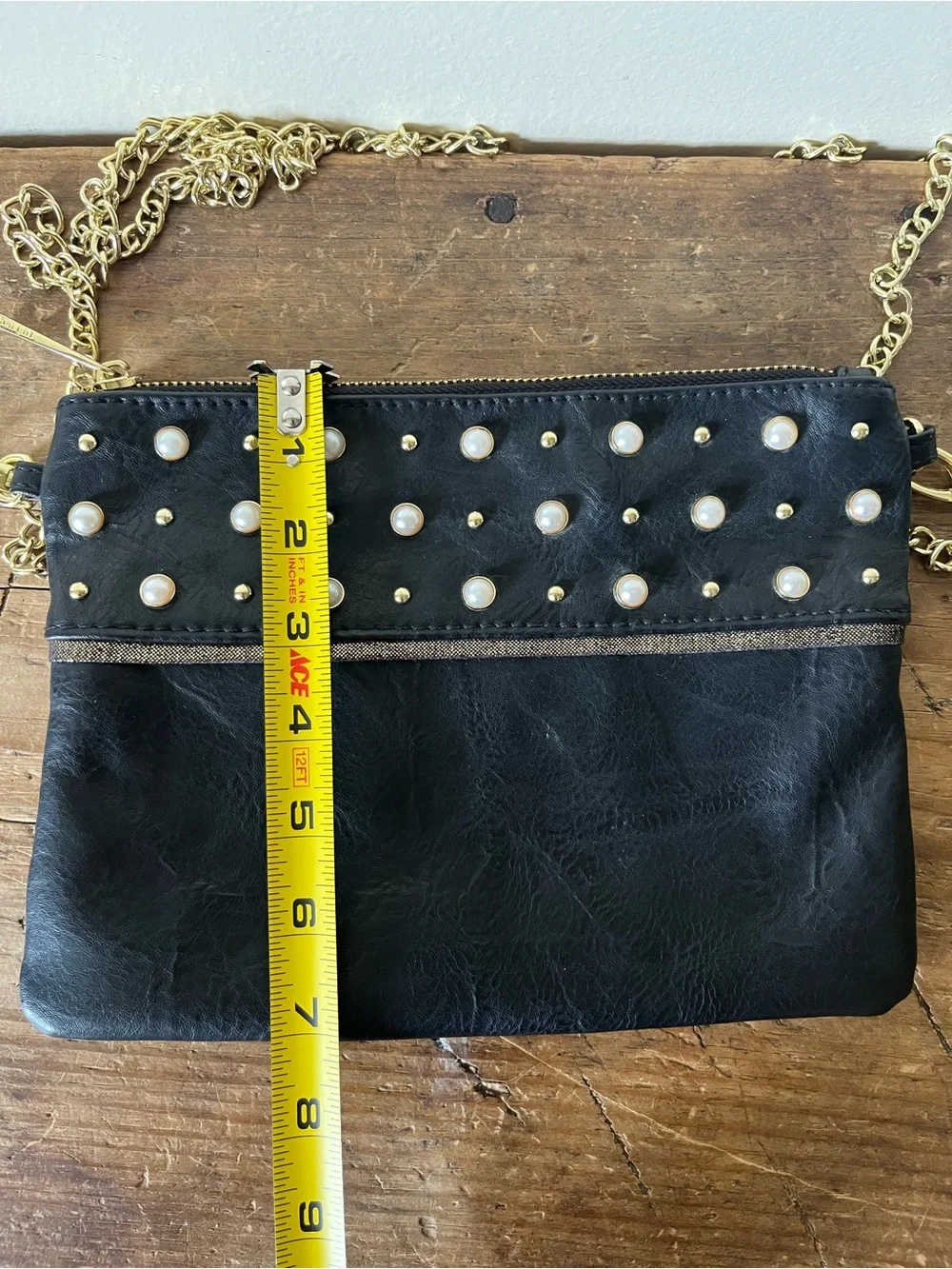 Madden Girl Black Faux-Leather Crossbody with Pearl Studs and Gold Chain